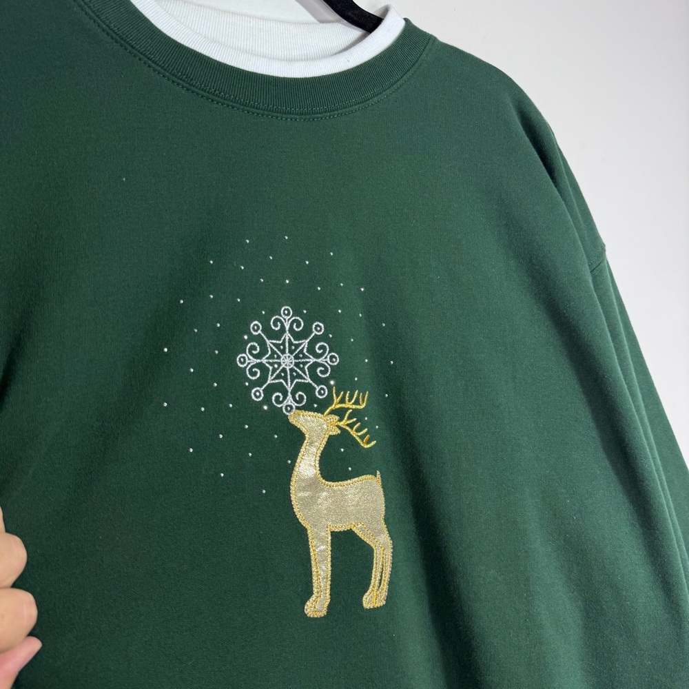 M.C. Sportswear Plus 1X Reindeer Christmas Sweatshirt Green Metallic Holiday